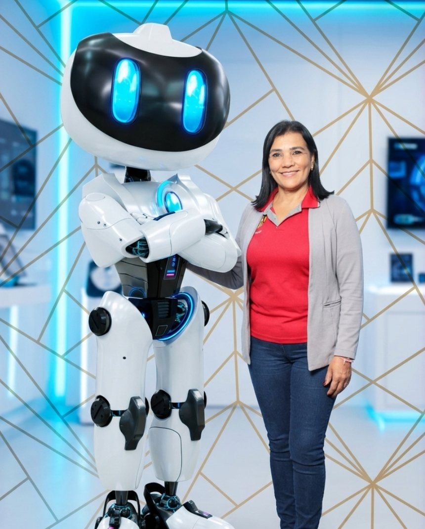 Irene Campos junto a un robot decorativo en la cabina fotográfica de la experiencia CONEX by RACSA
